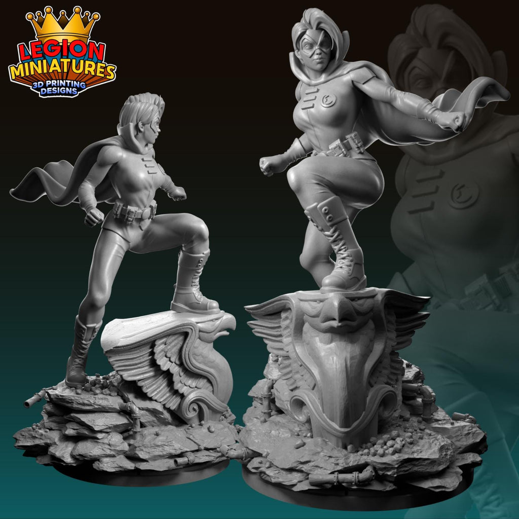 two 3D printed miniatures of female characters, one standing and one in a fighting stance, set against a dark background.