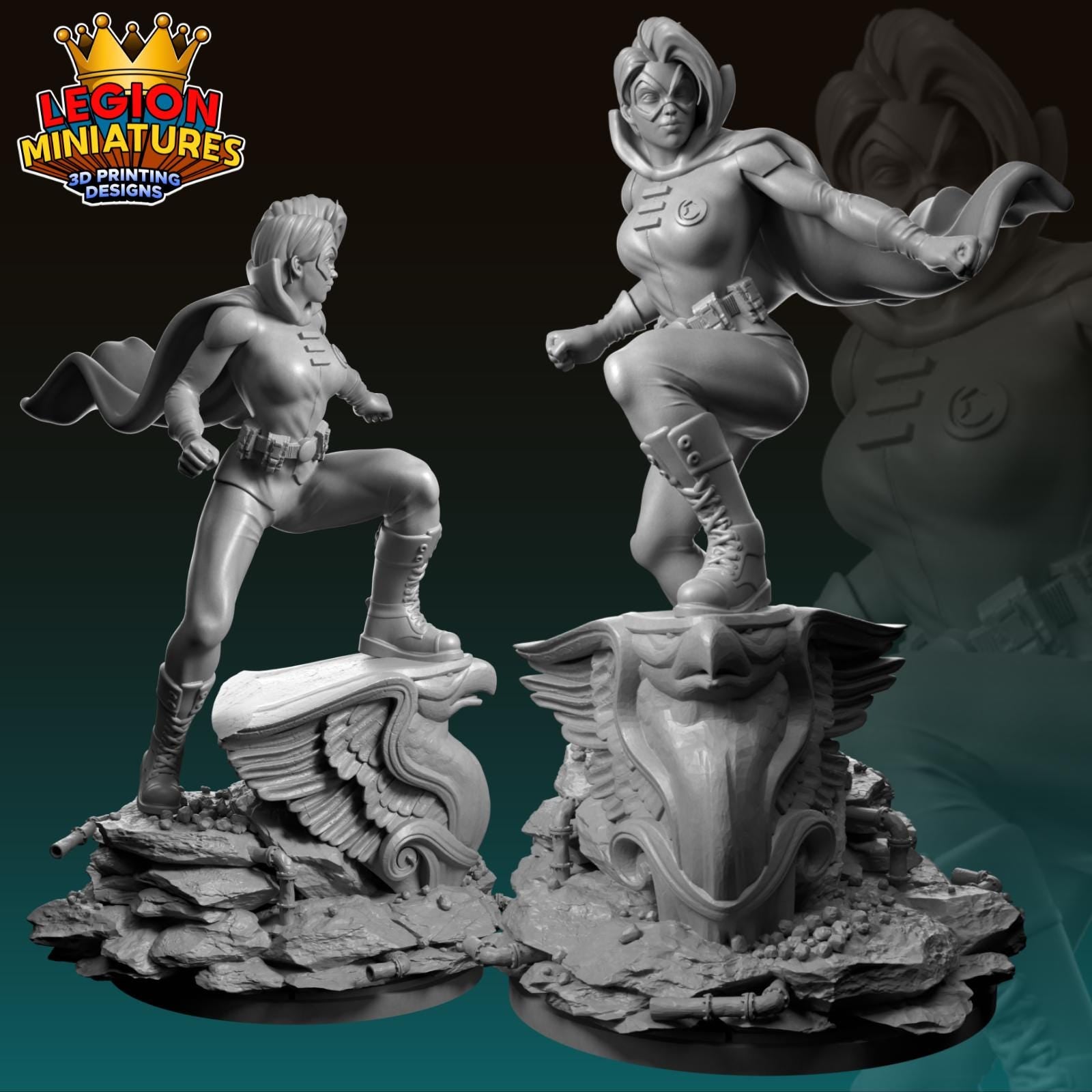 two 3D printed miniatures of female characters, one standing and one in a fighting stance, set against a dark background.