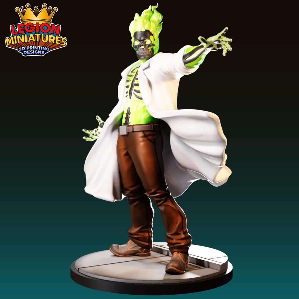 A 3D printed figurine of a character with a green and black color scheme, wearing a white lab coat and brown pants. The character has a dynamic pose, with one hand raised and the other extended.