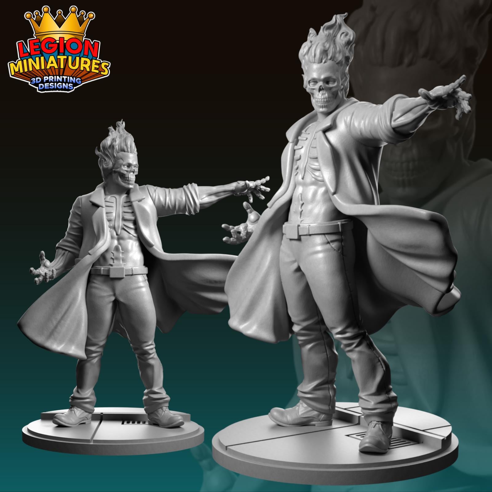 two 3D printed miniatures of characters, one standing and one kneeling, both with distinct poses and expressions.