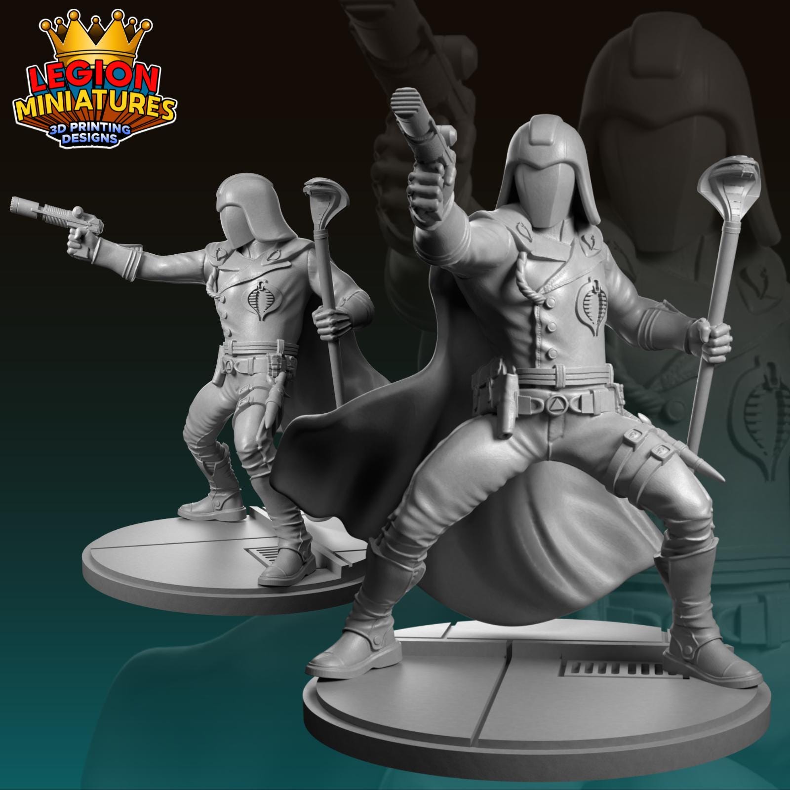 two 3D printed miniatures of characters, one standing and one kneeling, both holding weapons and appearing ready for action.
