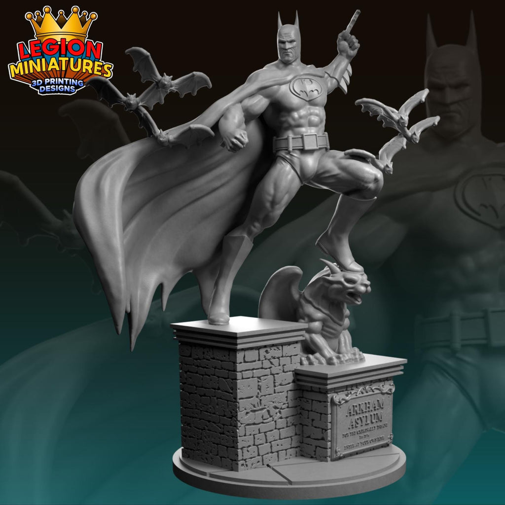 A 3D printed statue of Batman standing on a pedestal, with bats flying around him.