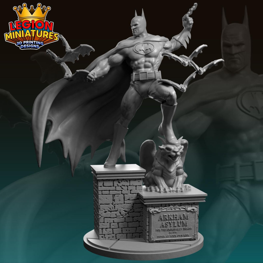 A 3D printed statue of Batman standing on a pedestal, with a bat-like creature in front of him.