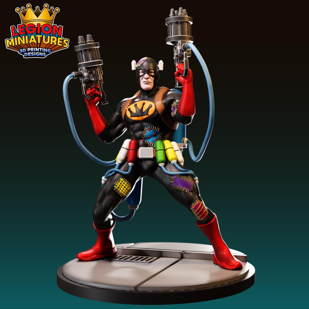 A 3D printed figurine of a superhero character with a distinctive costume and various accessories.