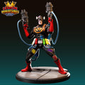 A 3D printed figurine of a superhero character with a distinctive costume and various accessories.