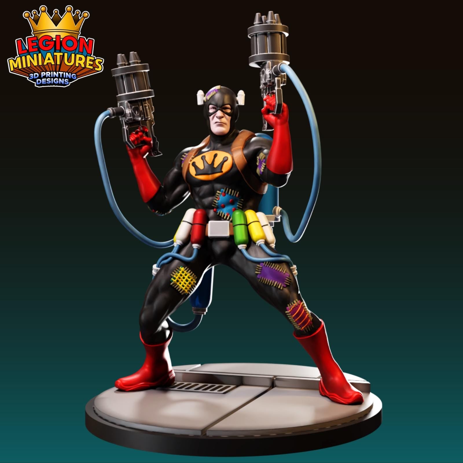 A 3D printed figurine of a superhero character with a distinctive costume and various accessories.