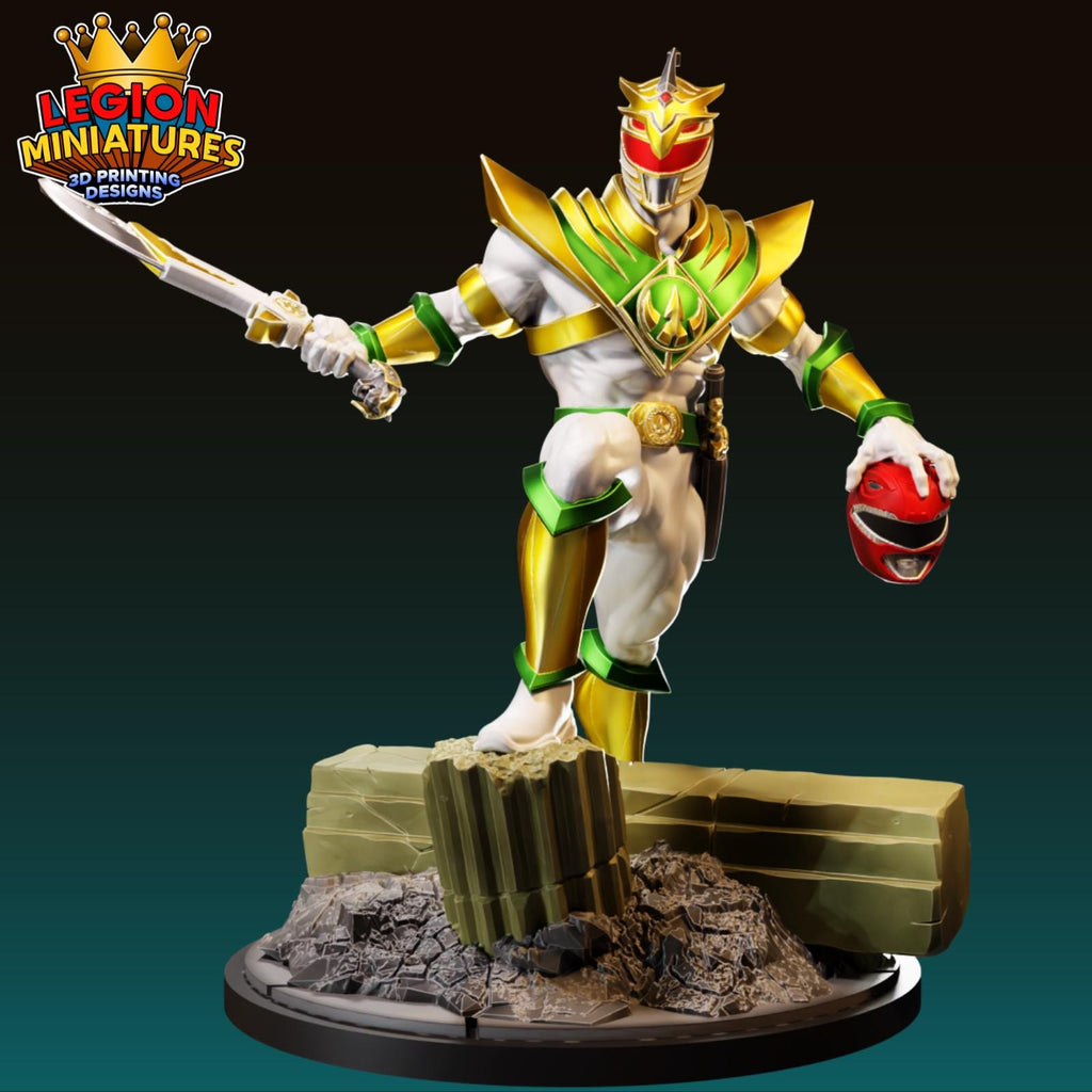 A 3D printed statue of a superhero character in a dynamic pose, holding a weapon and standing on a platform.