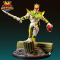 A 3D printed statue of a superhero character in a dynamic pose, holding a weapon and standing on a platform.