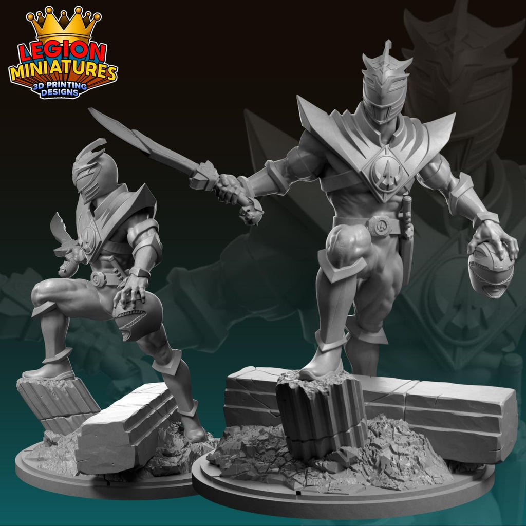 two 3D printed miniatures of characters, including a figure with a sword and another figure with a helmet.