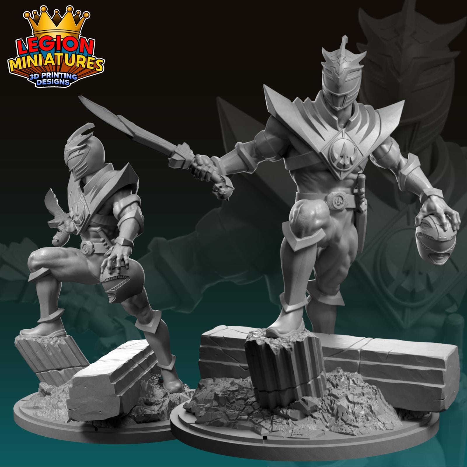 two 3D printed miniatures of characters, including a figure with a sword and another figure with a helmet.