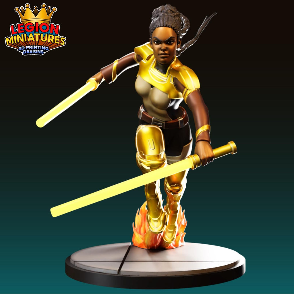 A 3D printed figurine of a female character in a fighting stance, holding a sword and surrounded by flames.