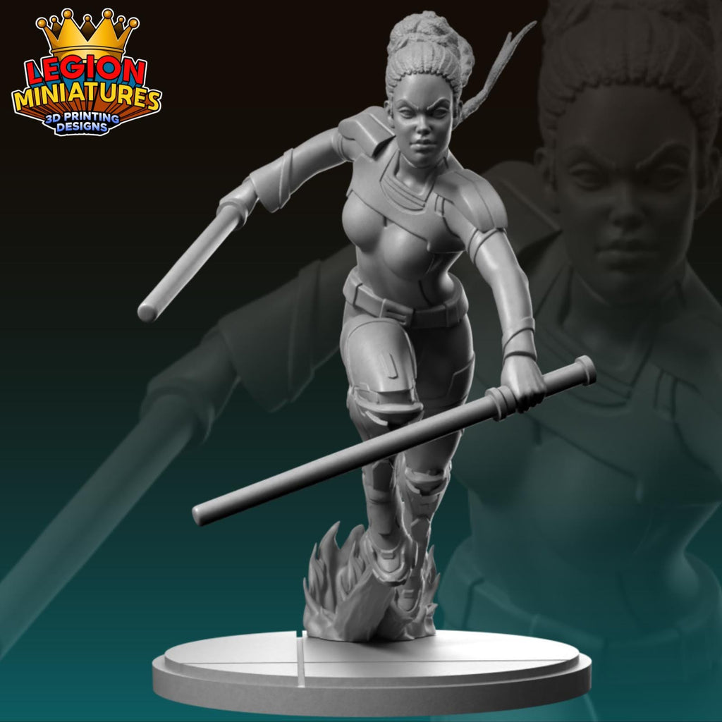 A 3D printed figurine of a female character with a sword, standing on a platform and holding a weapon.