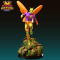 A colorful 3D printed figurine of a superhero character with orange wings and a purple costume, standing on a pile of money bags.