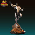 A 3D printed figurine of a superhero character standing on a pile of rubble.
