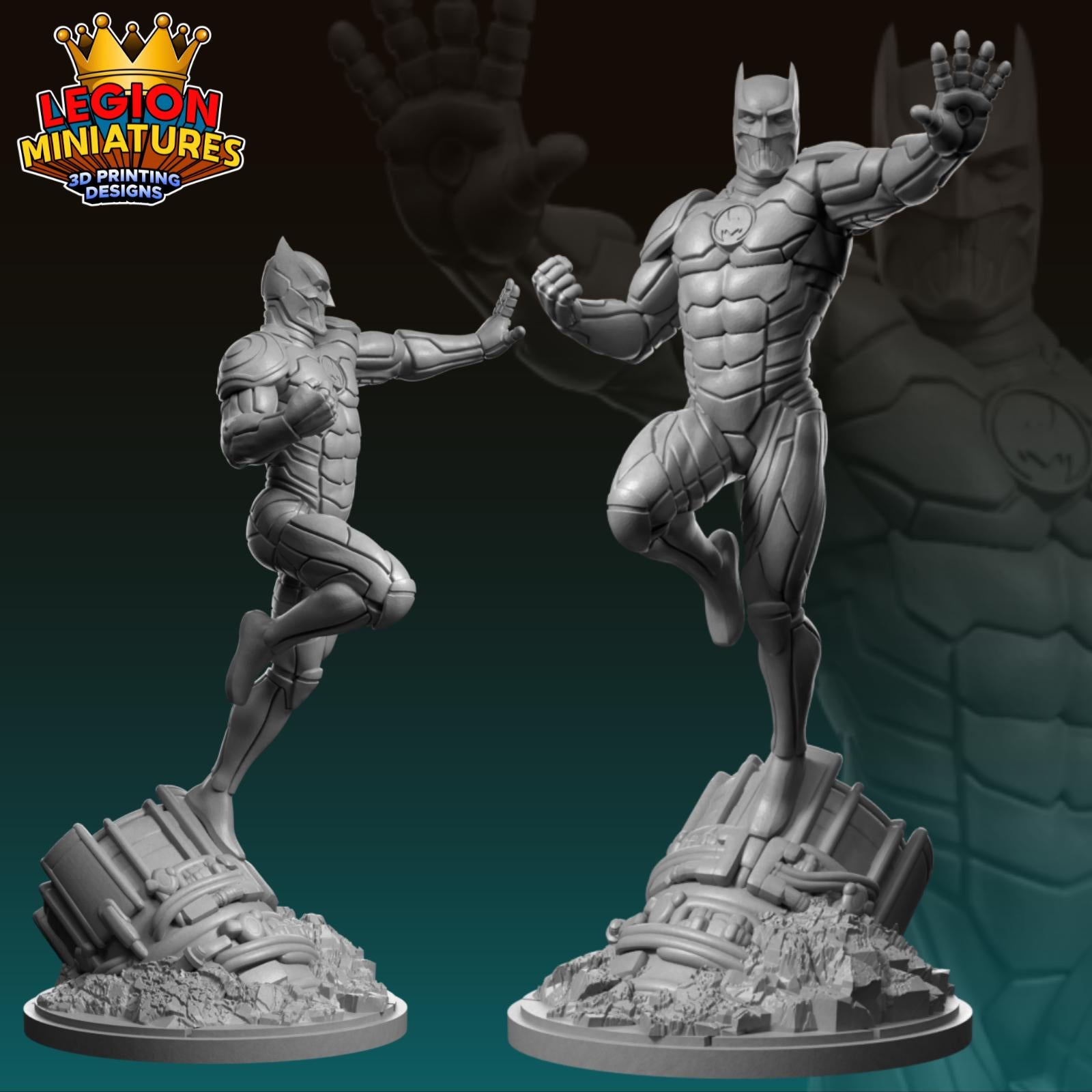 two 3D-printed figurines of Batman, one standing and one in mid-air, both in a dynamic fighting pose.