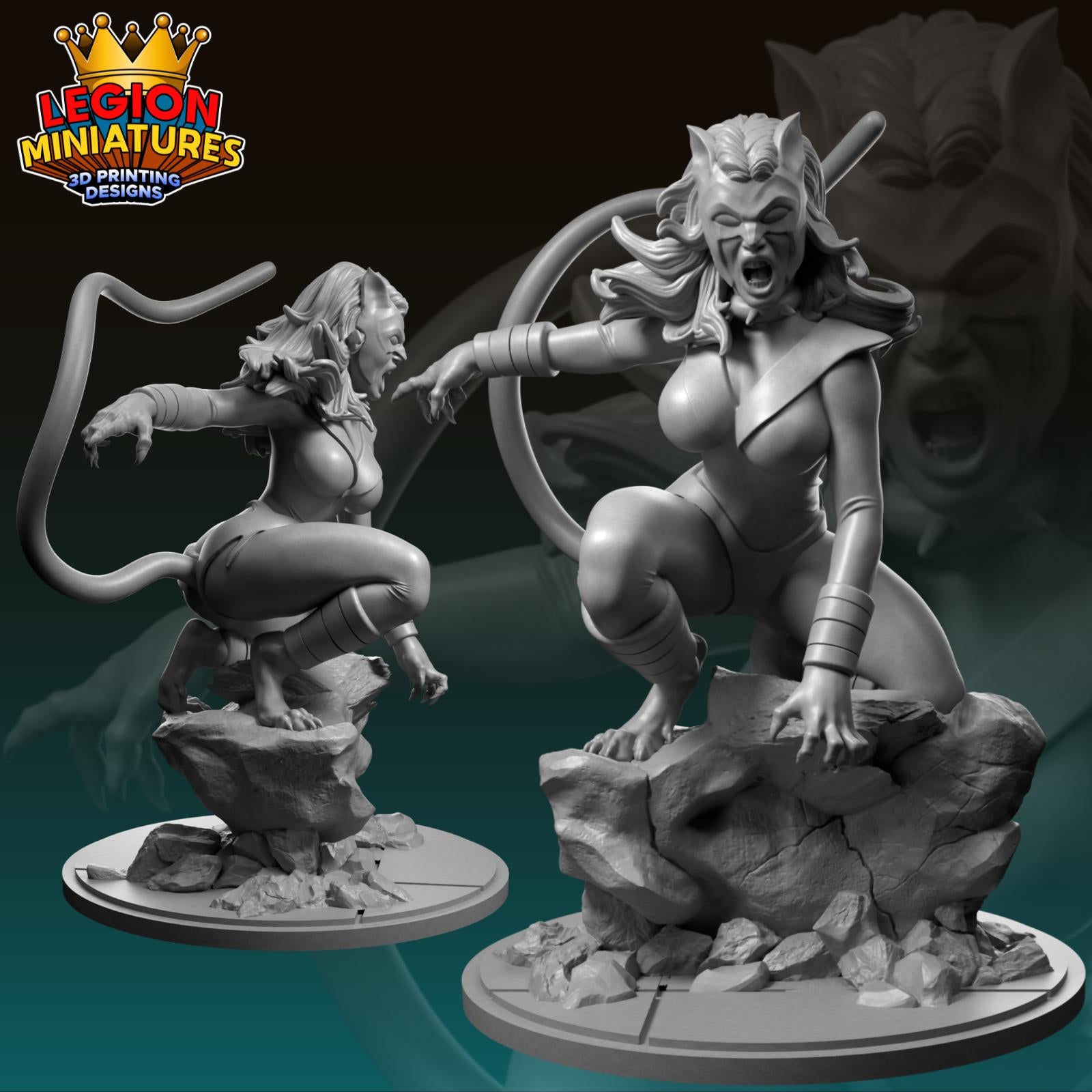 two 3D printed figurines of a female character, one in a crouching position and the other standing on a rock.