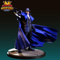 A 3D printed figurine of a person wearing a blue cape and hat, standing on a platform and holding a sword.