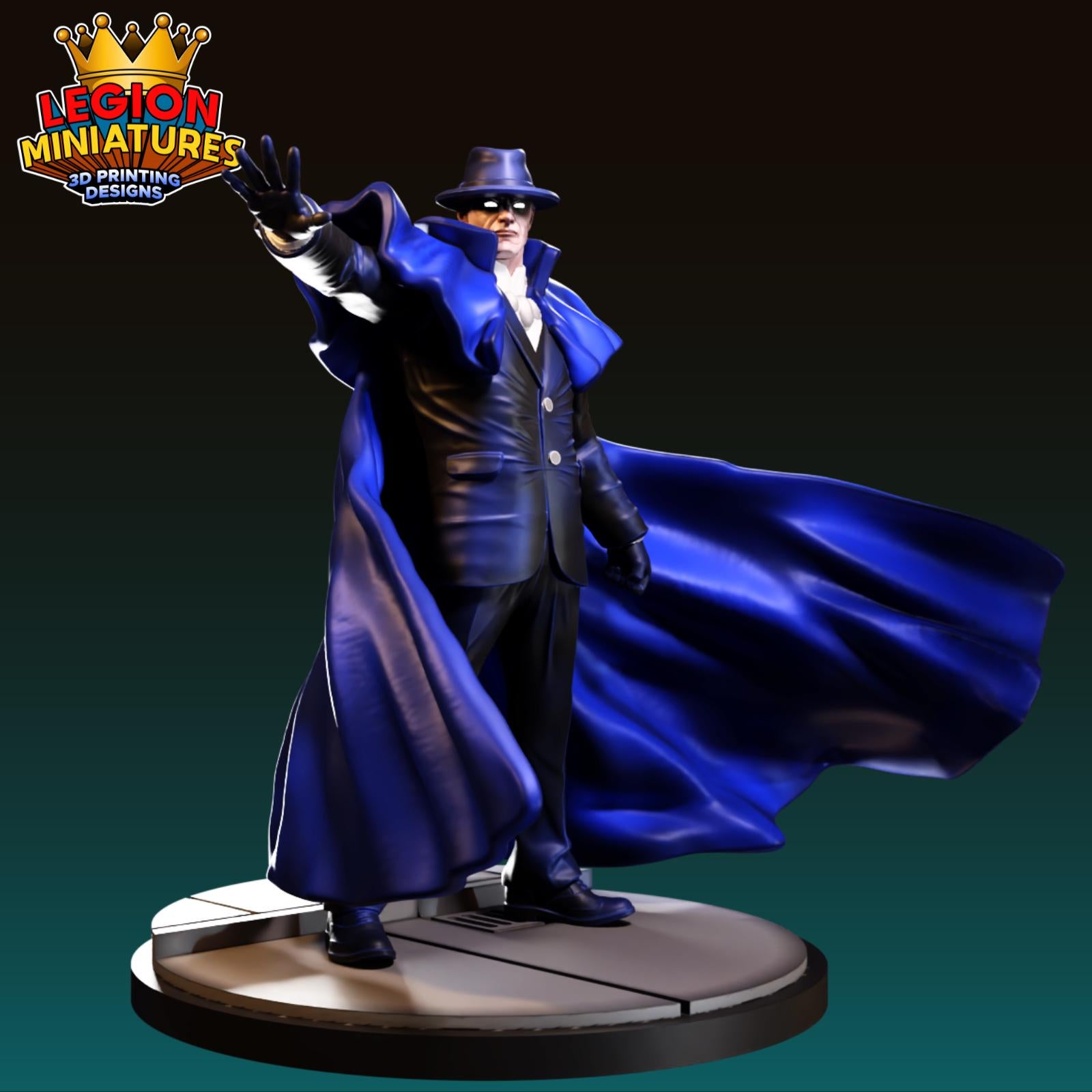 A 3D printed figurine of a person wearing a blue cape and hat, standing on a platform and holding a sword.