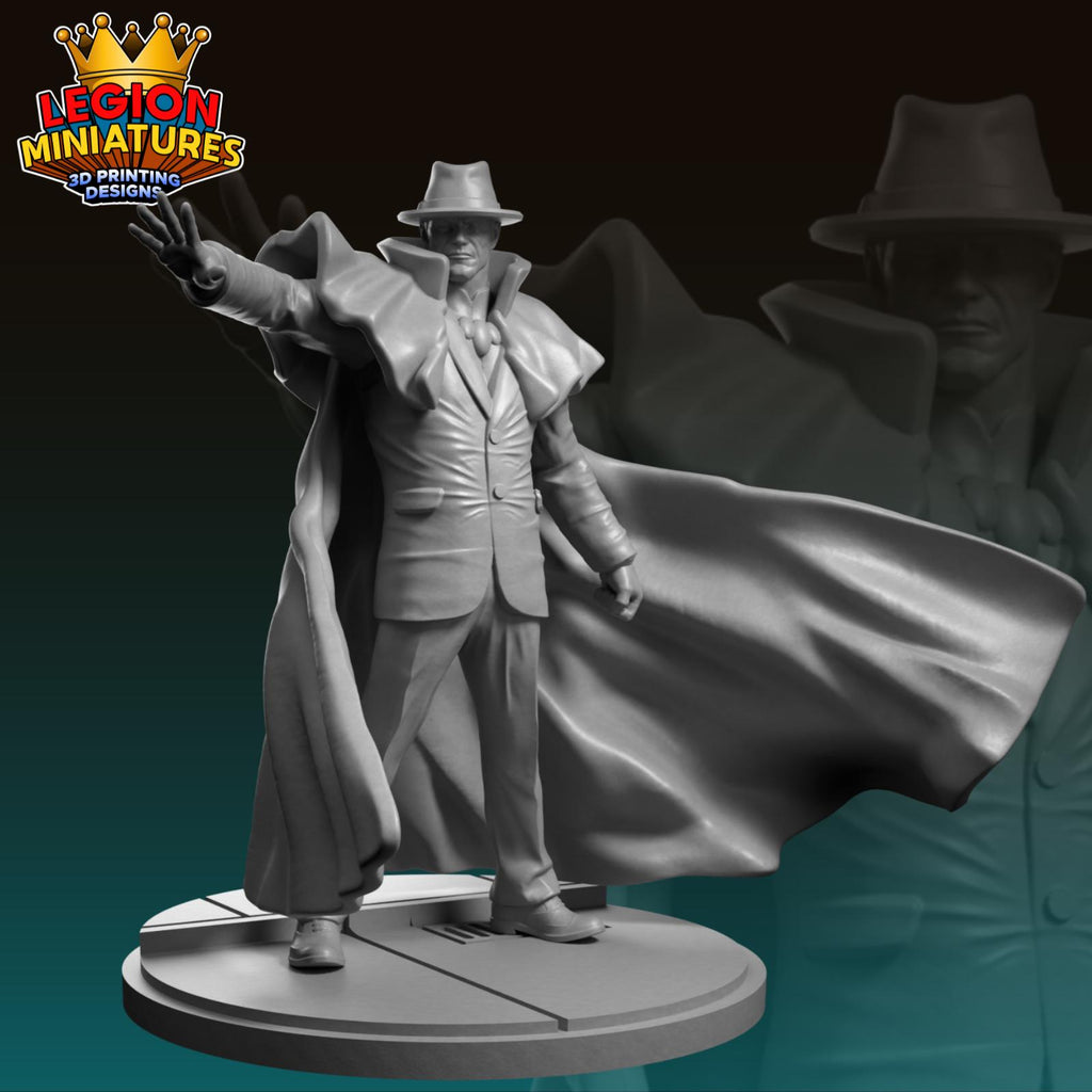 A 3D printed statue of a man in a suit and hat, with his arm raised and a cape billowing behind him, set against a dark background.