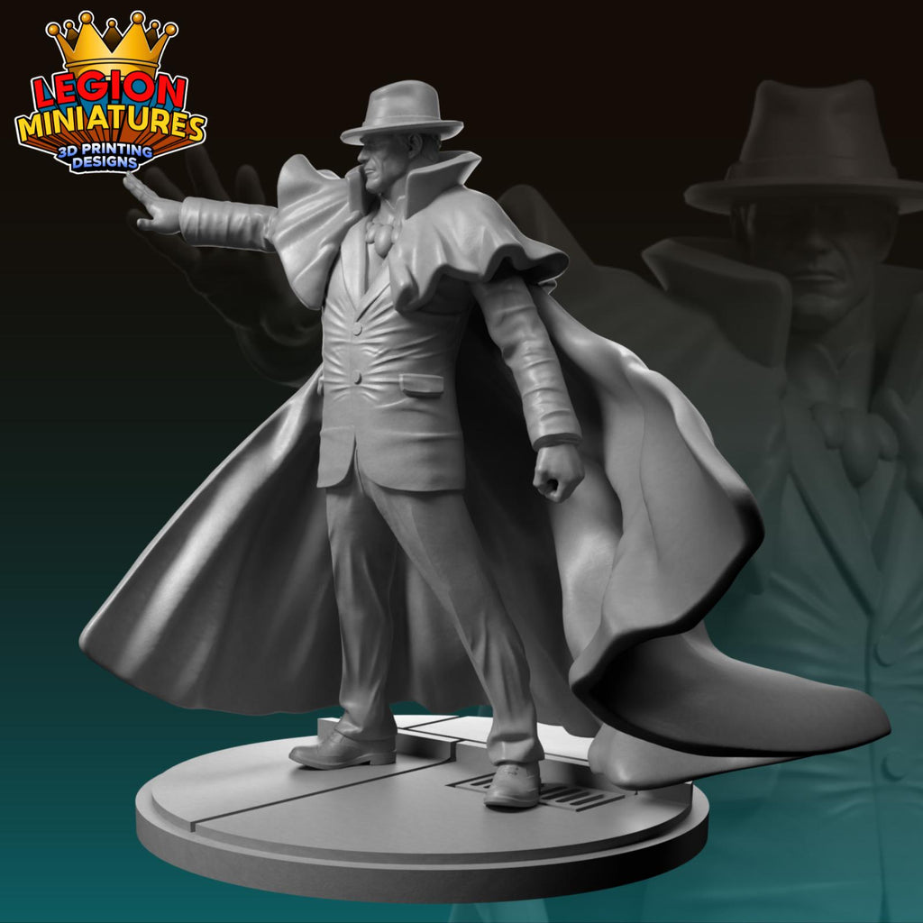 A 3D printed statue of a man in a suit and hat, with his arm extended and a cape billowing behind him.