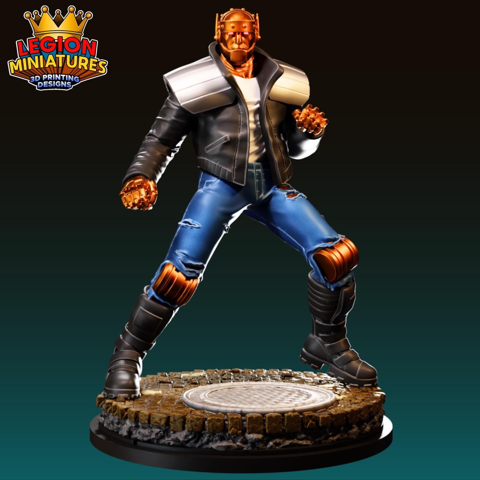 A figurine of a person in a fighting stance, wearing a leather jacket and jeans, standing on a platform with a circular metal plate.