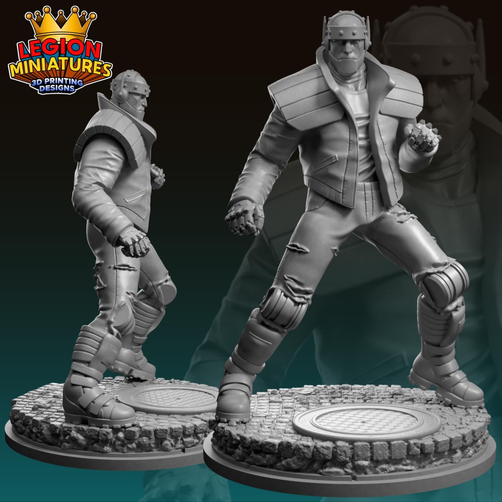 a 3D printed statue of a person in a fighting stance, wearing a helmet and protective gear.
