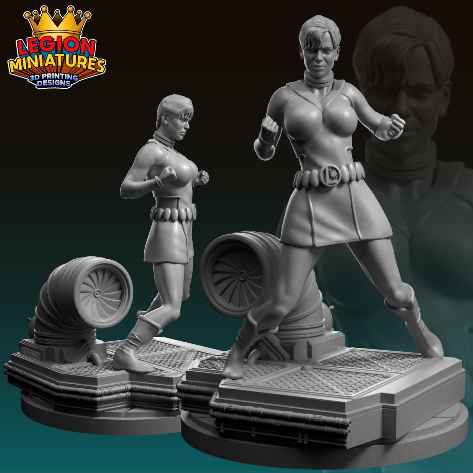 two 3D printed miniatures of female characters, one standing and one kneeling, both in a fighting stance.