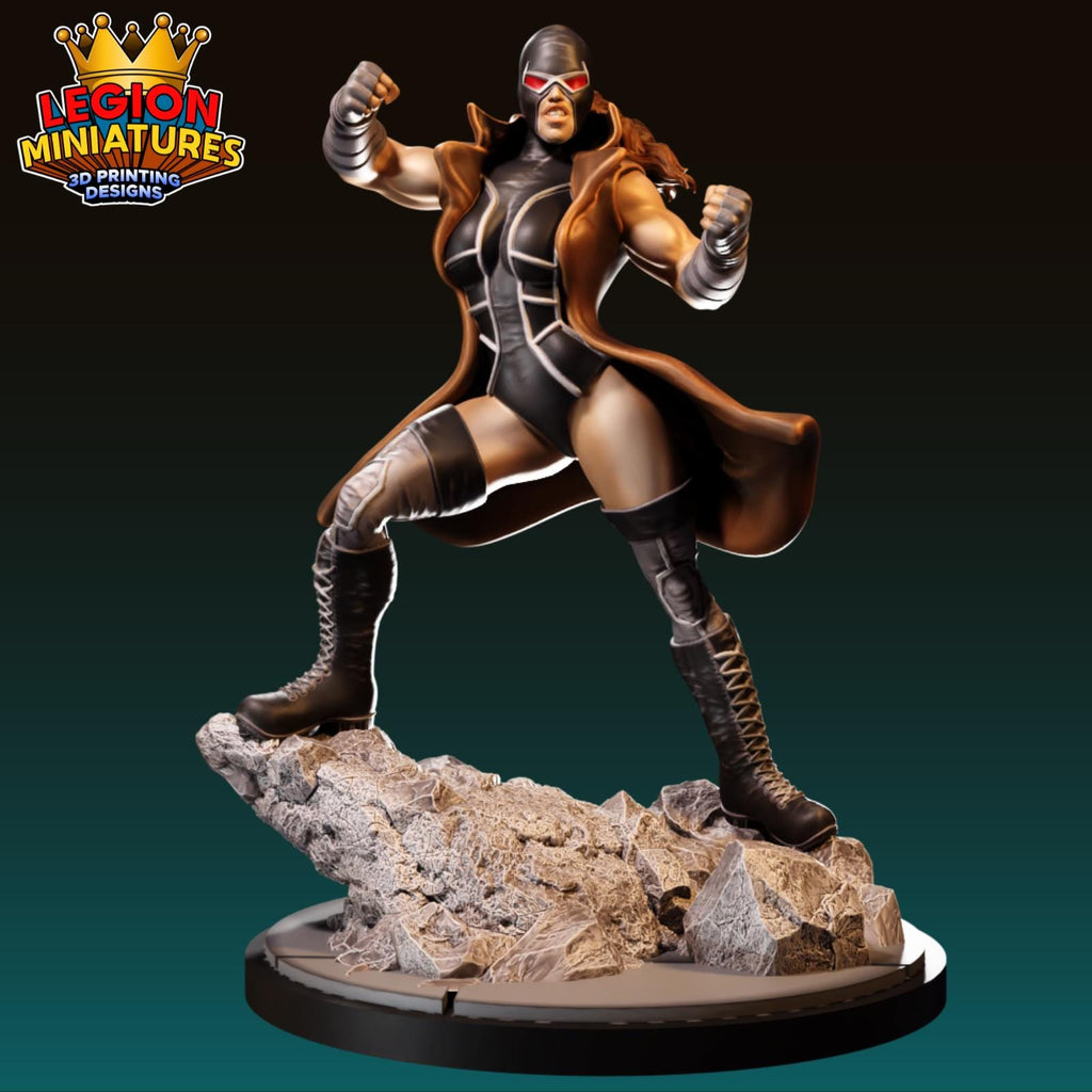 A 3D printed figurine of a female character in a fighting stance, wearing a leather jacket and boots, standing on a rocky platform.