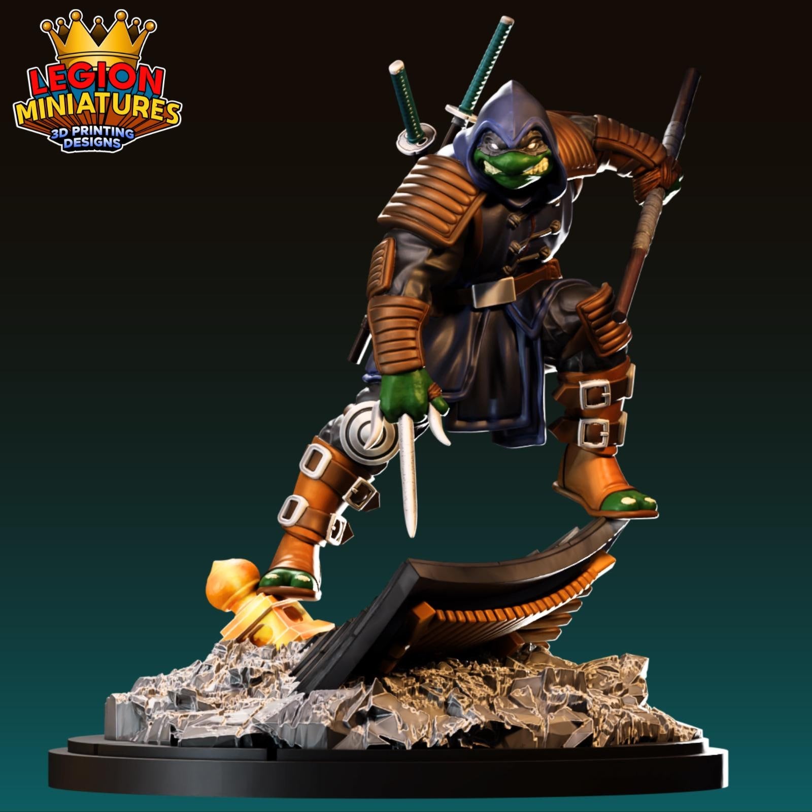 A 3D printed figurine of a character with a hooded cloak, holding a sword and shield, standing on a platform with a rocky base.