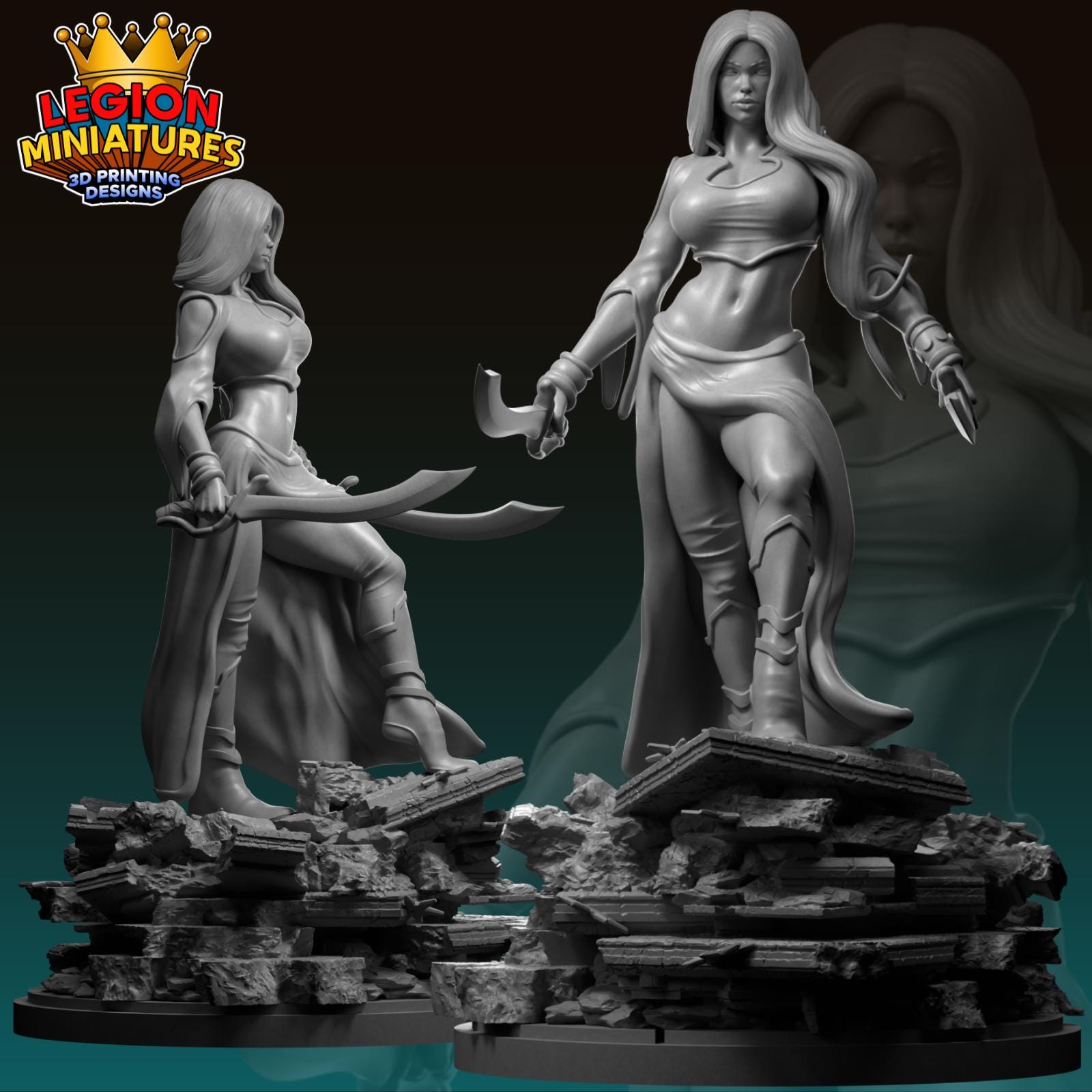 two sculptures of female figures, one standing and one kneeling, both holding weapons and standing on a rocky platform.