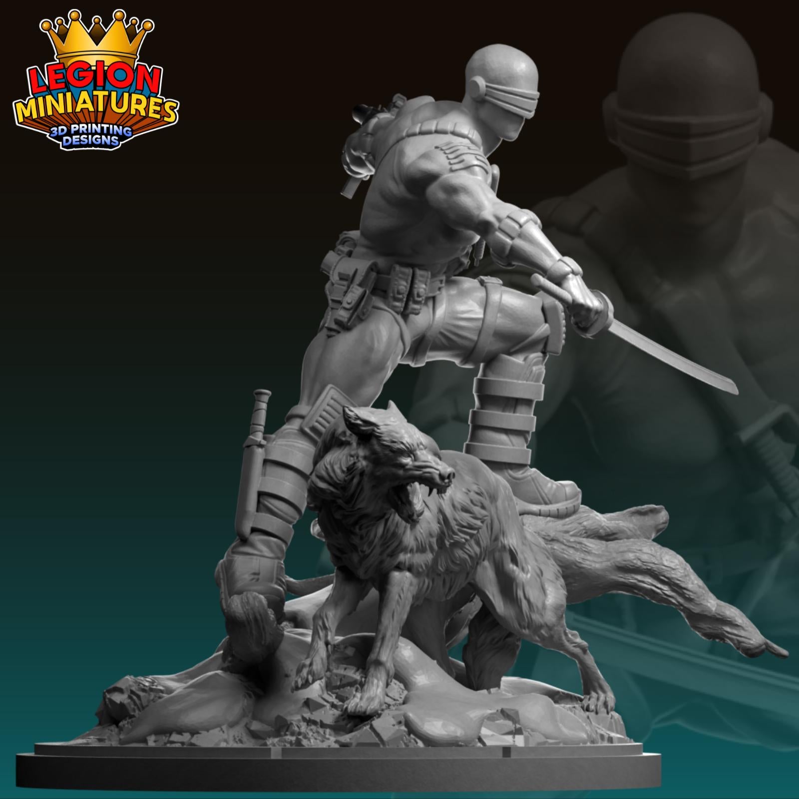 A 3D printed statue of a character wielding a sword and accompanied by a wolf-like creature, set against a dark background.