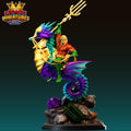 A figurine of Aquaman riding a colorful, fantastical creature, such as a mermaid or sea serpent, with a trident in his hand.