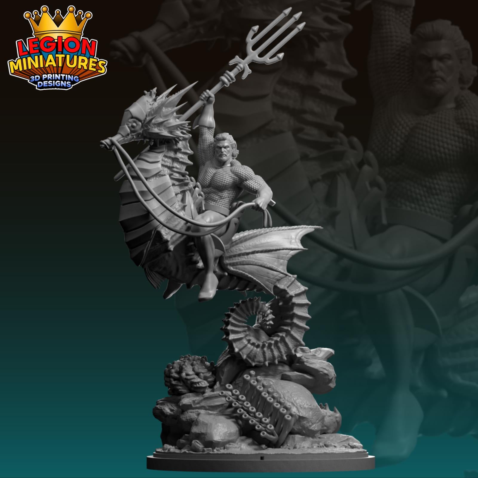 A 3D printed figurine depicting a muscular man riding a large sea horse, holding a trident, with a dragon-like creature in the background.