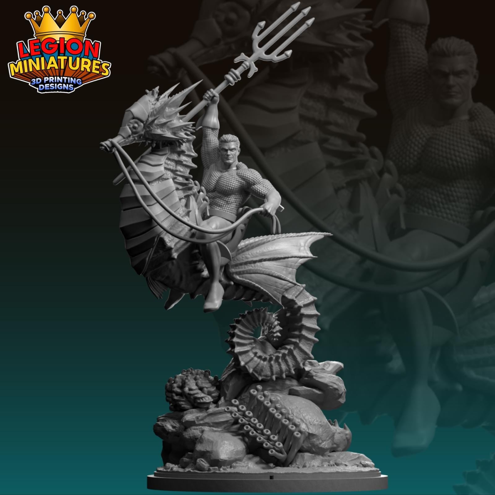 A 3D printed figurine depicting a man riding a large sea horse, with a trident in his hand. The background features a dark, moody color, possibly a deep blue or black.