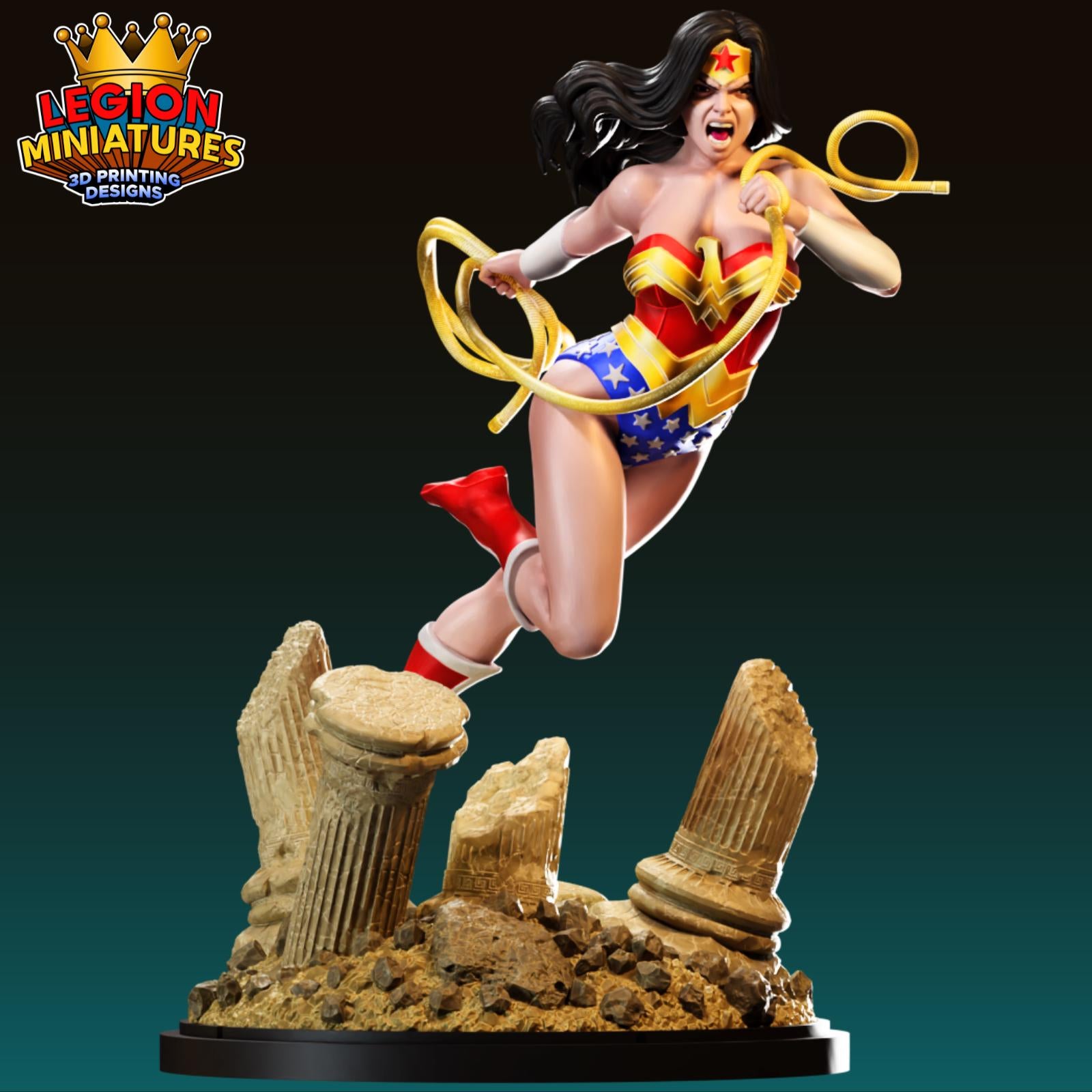 A 3D printed figurine of a female superhero character, wearing a red and gold costume, is shown in an action pose with a wreath around her neck.