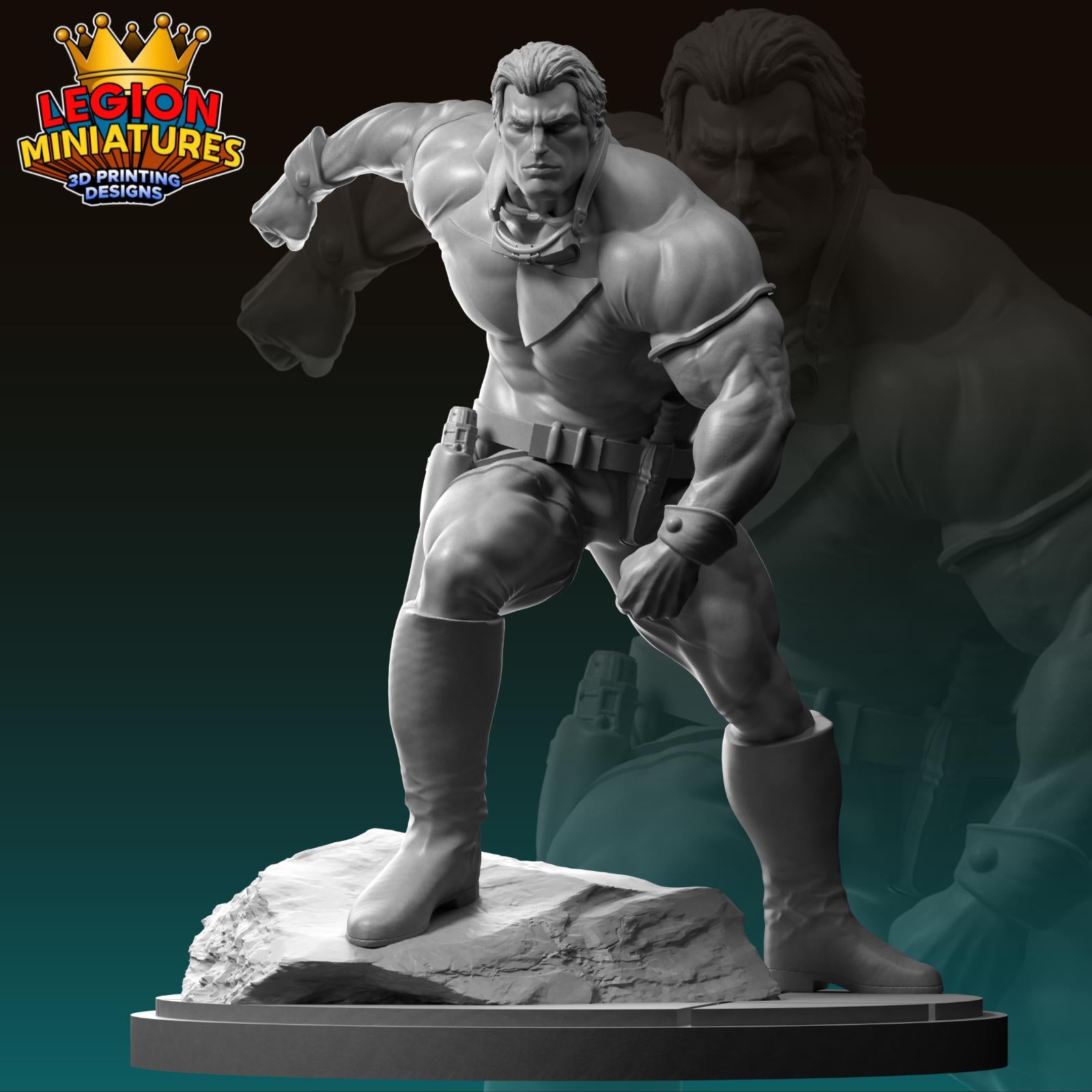 A 3D printed statue of a muscular, determined-looking character with a serious expression, standing on a rock.