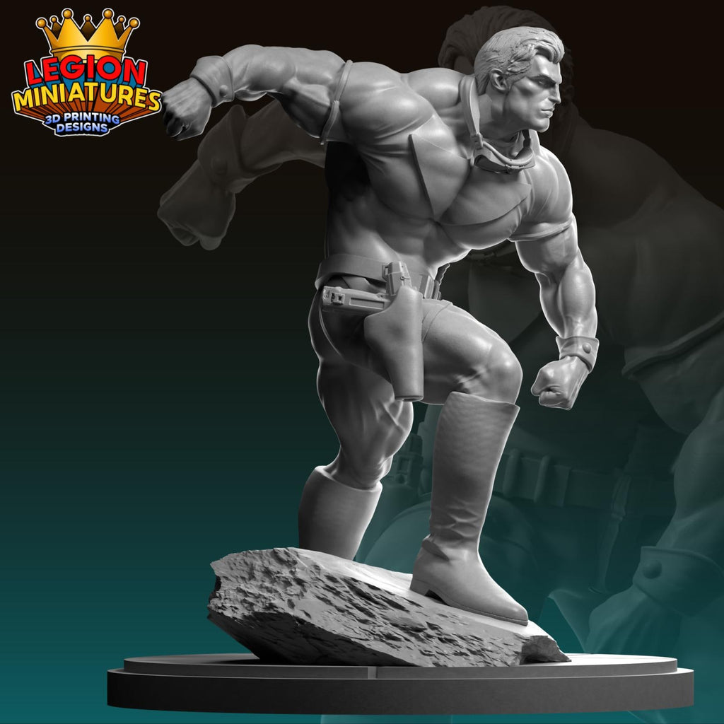 A 3D printed statue of a muscular superhero character, likely Superman, posed in a dynamic fighting stance.