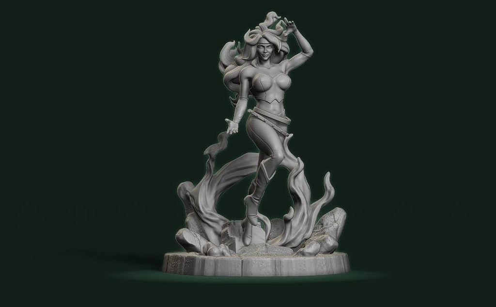 A 3D rendering of a female figure with flowing hair and a crown, standing on a platform surrounded by flames and rocks.