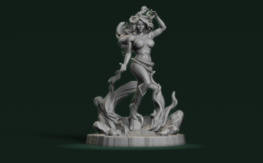 A 3D rendering of a female figure with flowing hair and a crown, standing on a platform surrounded by flames and rocks.