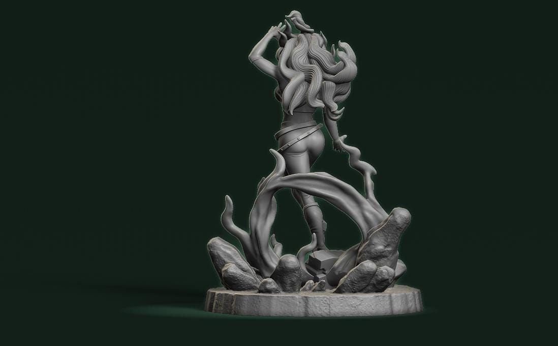 A 3D rendering of a female figure with long, flowing hair and a dynamic pose, standing on a rock formation with a dramatic background.