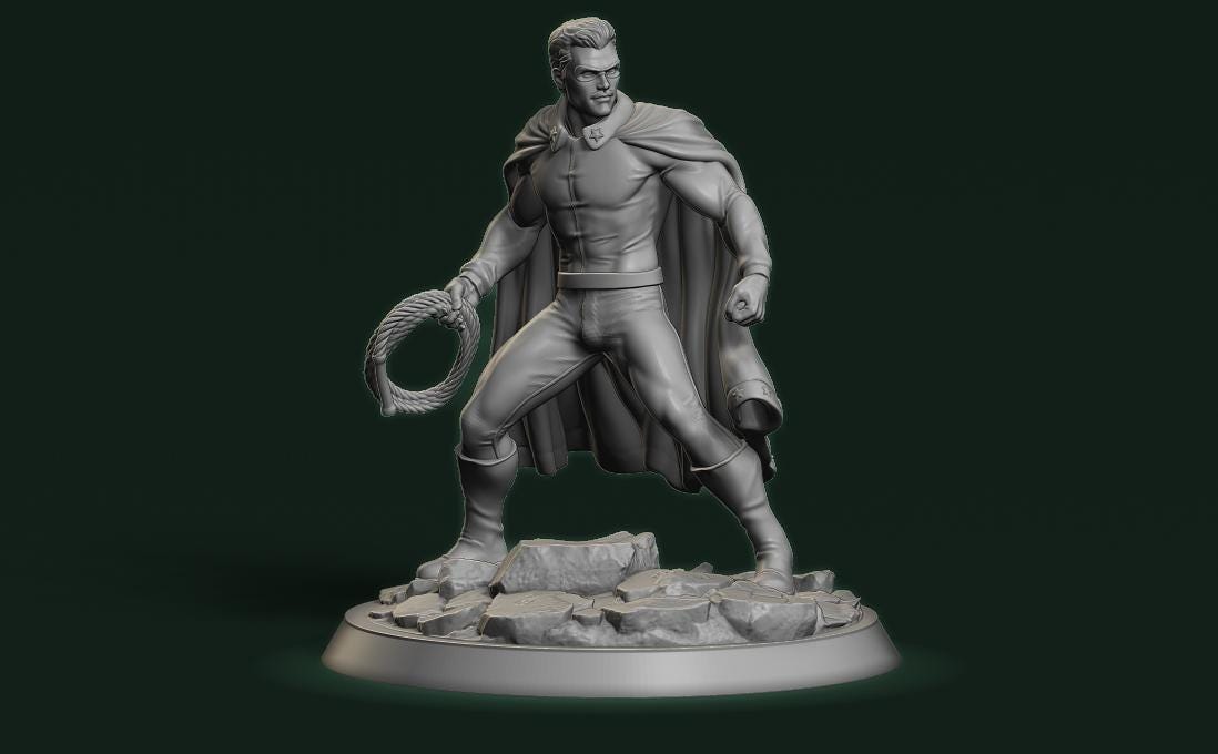 A 3D rendering of a superhero statue in a dynamic pose, holding a rope and standing on a rocky base.