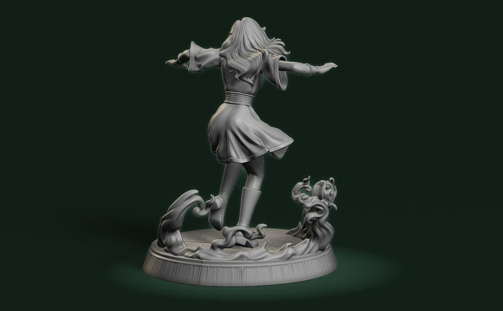 A 3D rendering of a female figure with long hair, standing on a platform and holding a weapon in her right hand.