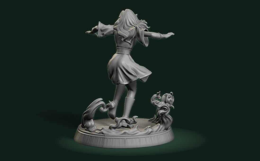 A 3D rendering of a female figure with long hair, standing on a platform and holding a weapon in her right hand.