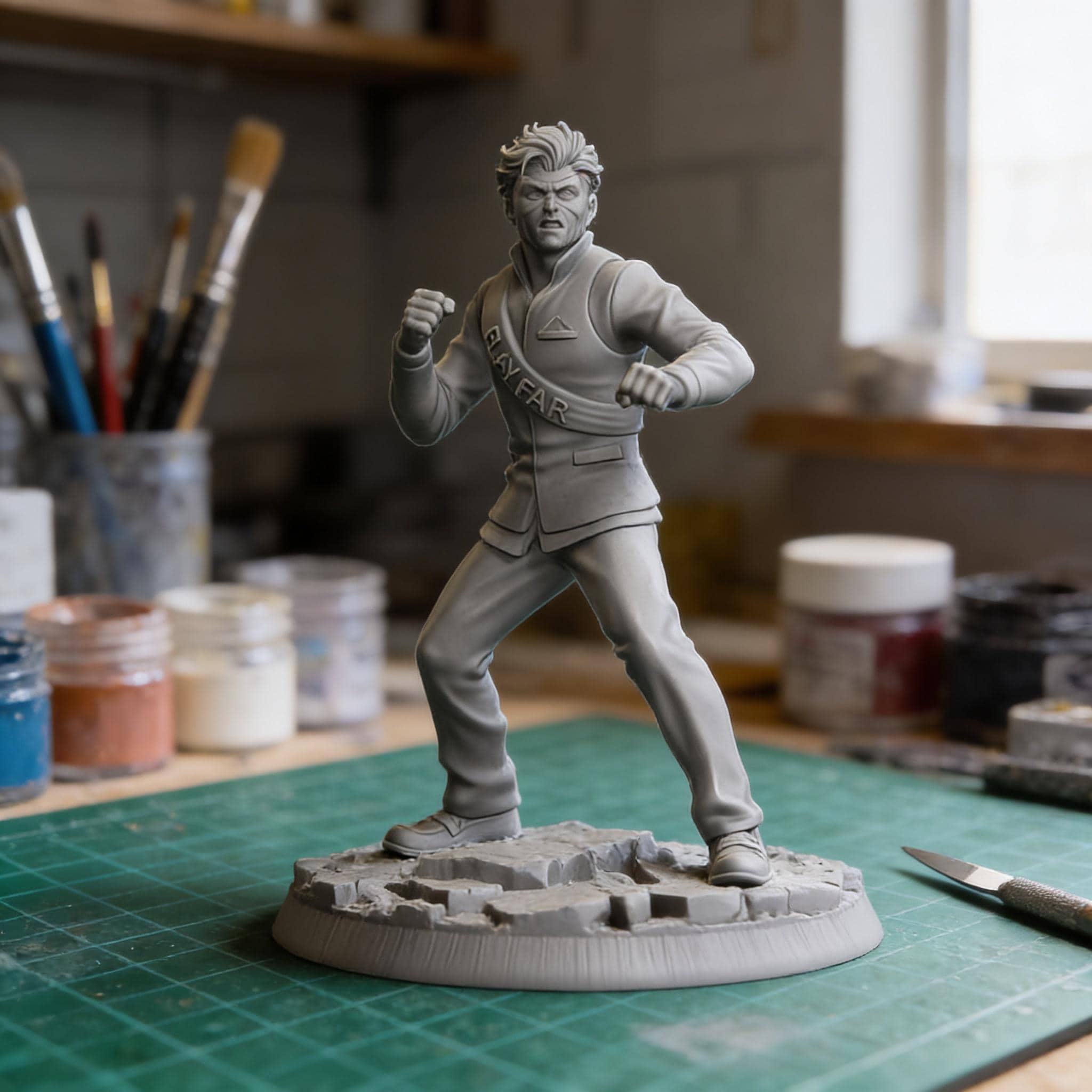 A gray figurine of a person in a fighting stance, wearing a jacket with the word "FIGHT" on it, is displayed on a green cutting mat in a workshop setting.