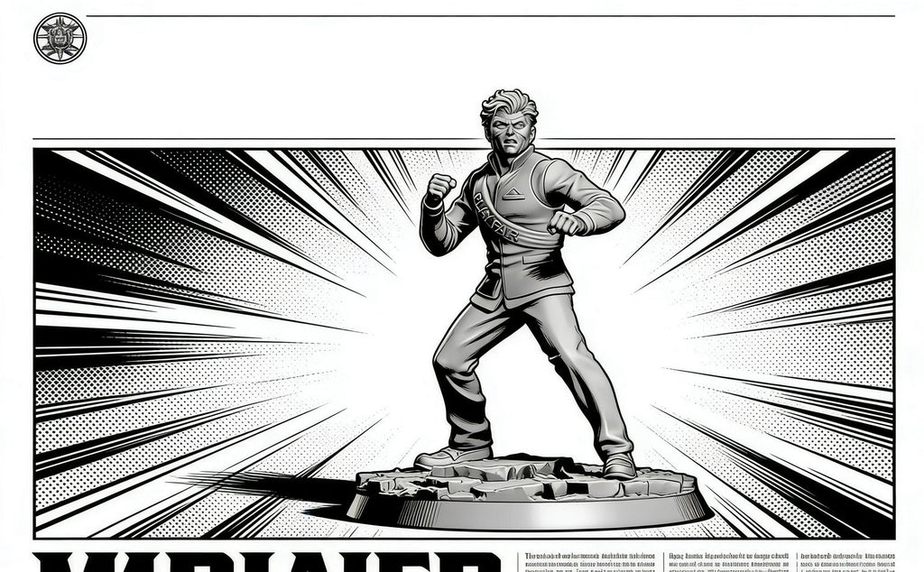 A black and white illustration of a man in a fighting stance, with a dynamic, action-packed background featuring lines and dots.