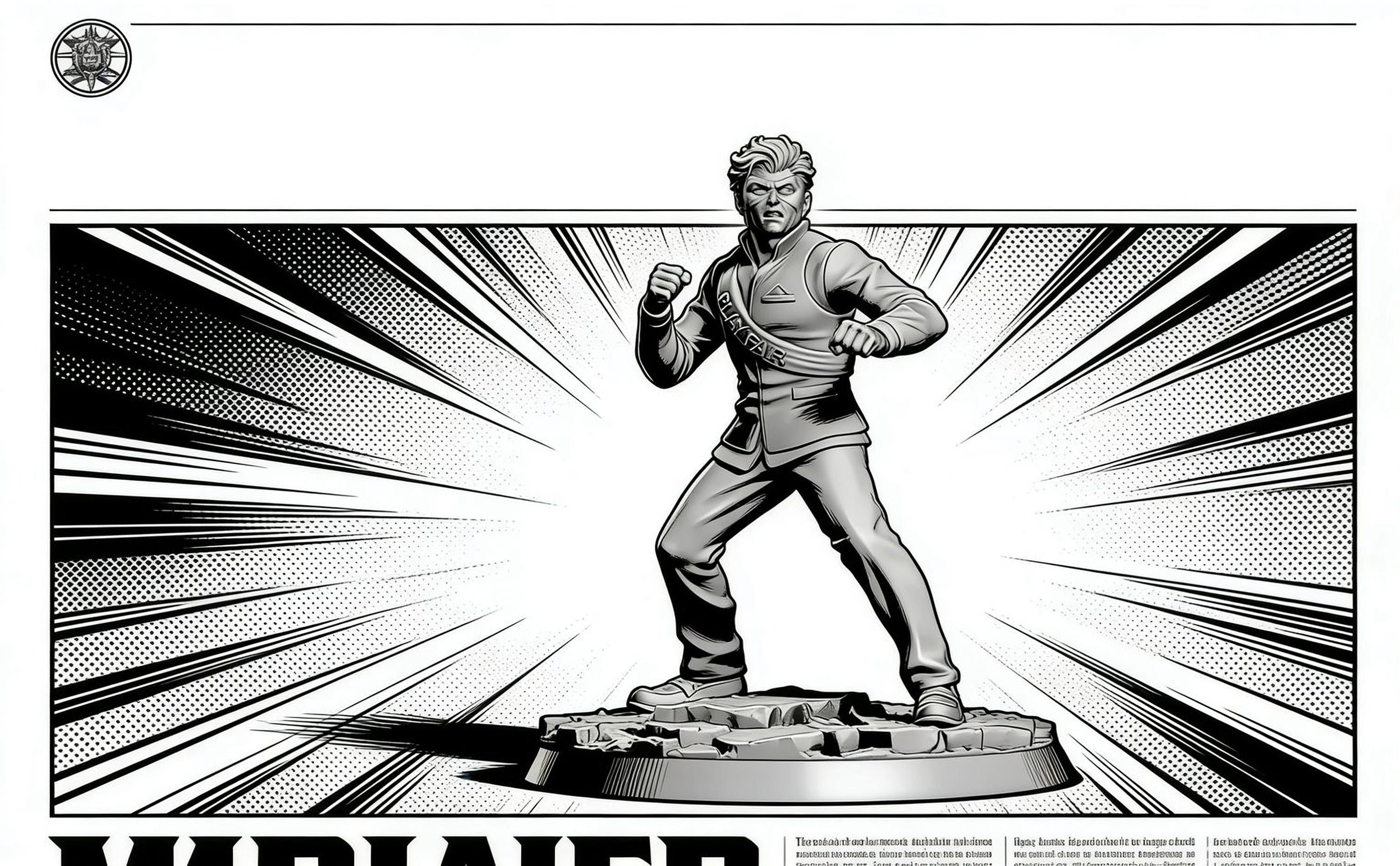 A black and white illustration of a man in a fighting stance, with a dynamic, action-packed background featuring lines and dots.