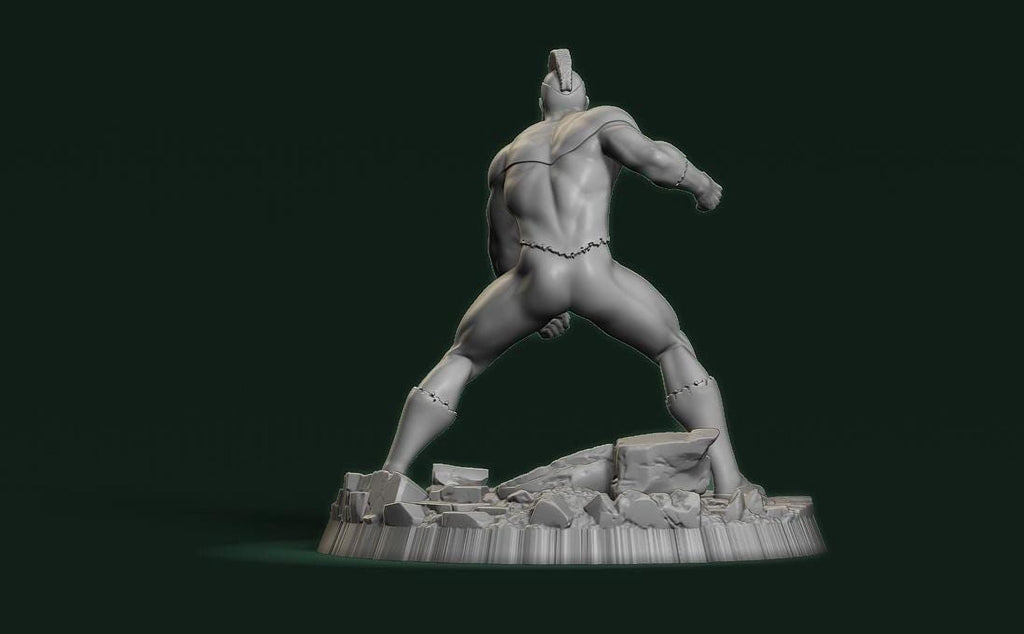 A 3D rendering of a muscular, armored figure standing on a rocky base against a dark green background.