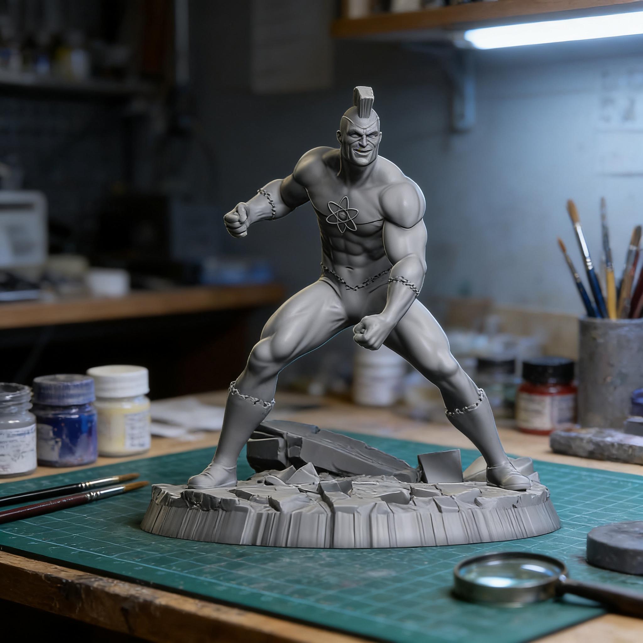A 3D model of a muscular male figure, possibly a superhero or comic book character, posed in a dynamic fighting stance on a green workbench.