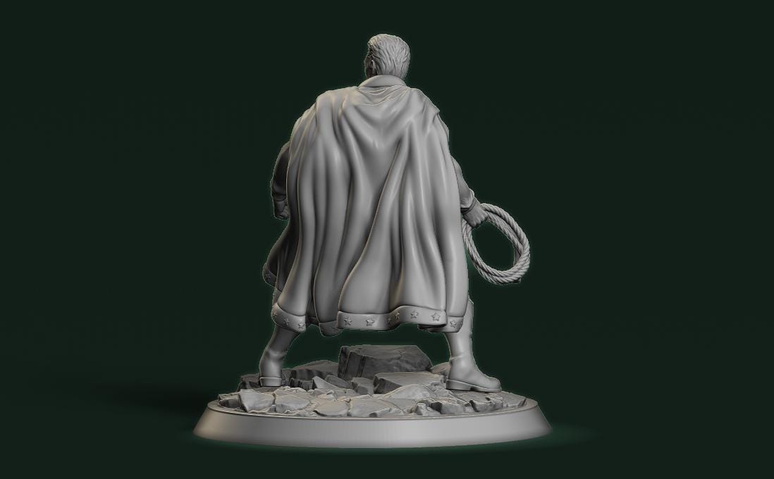 A 3D rendering of a statue of a person in a cape, standing on a rocky base.