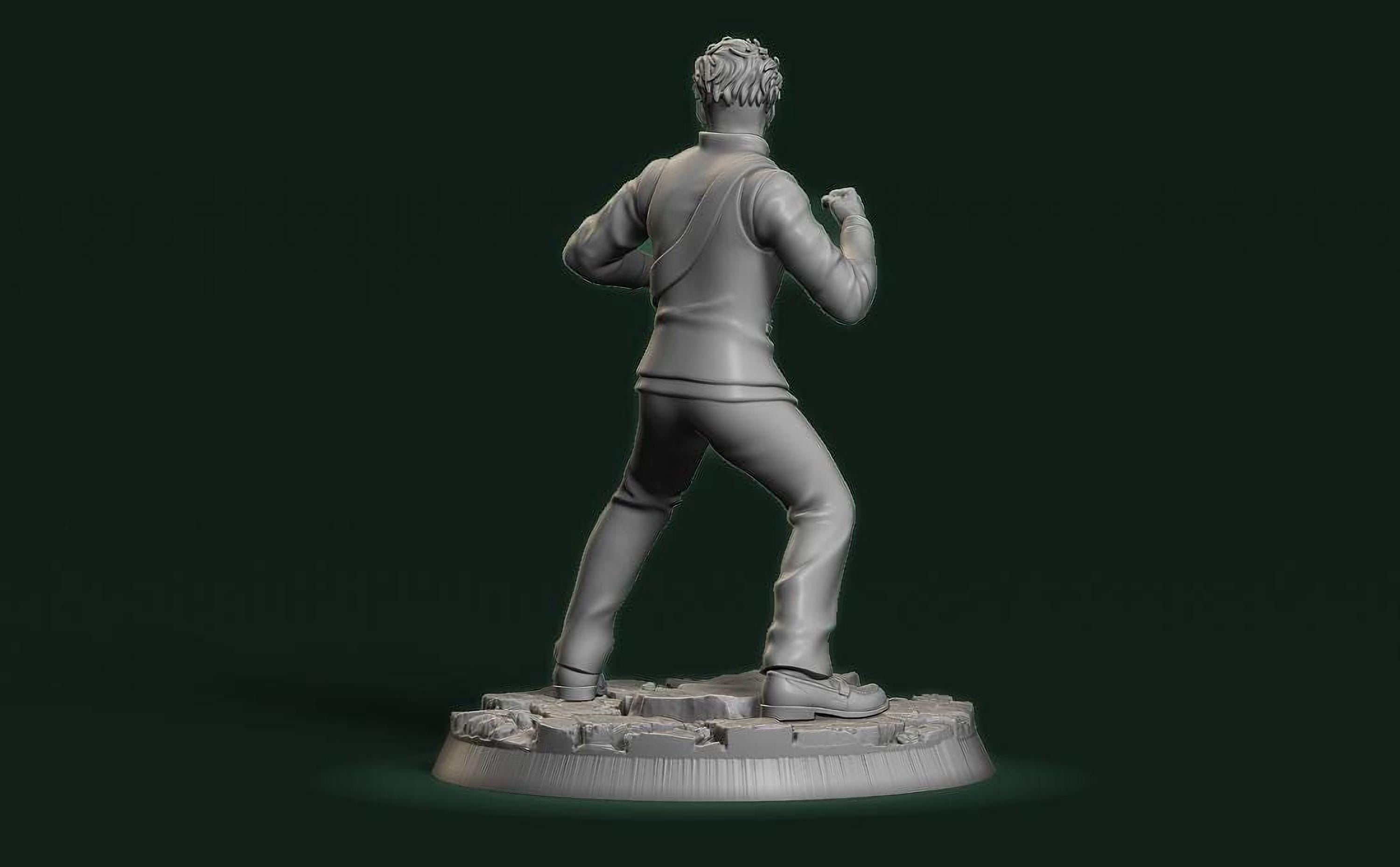A 3D rendering of a statue of a person in a fighting stance, with their arms raised and legs apart, against a dark green background.